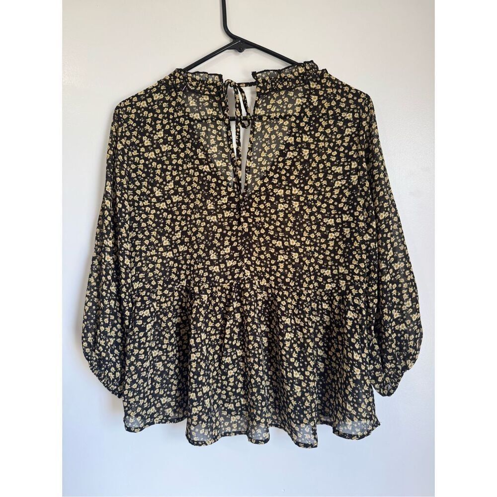 Aemi+Co Womens Black Floral Ruffled Puffy Sheer Babydoll Blouse sz S Boho Dainty - Picture 3 of 6